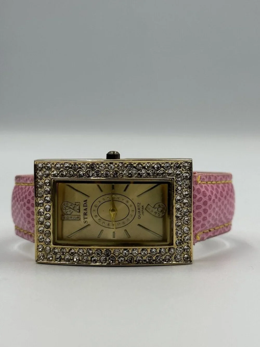 3/$30 Strada Watch Women Gold Tone Pink Faux Band Crystal Bling Bezel 9”